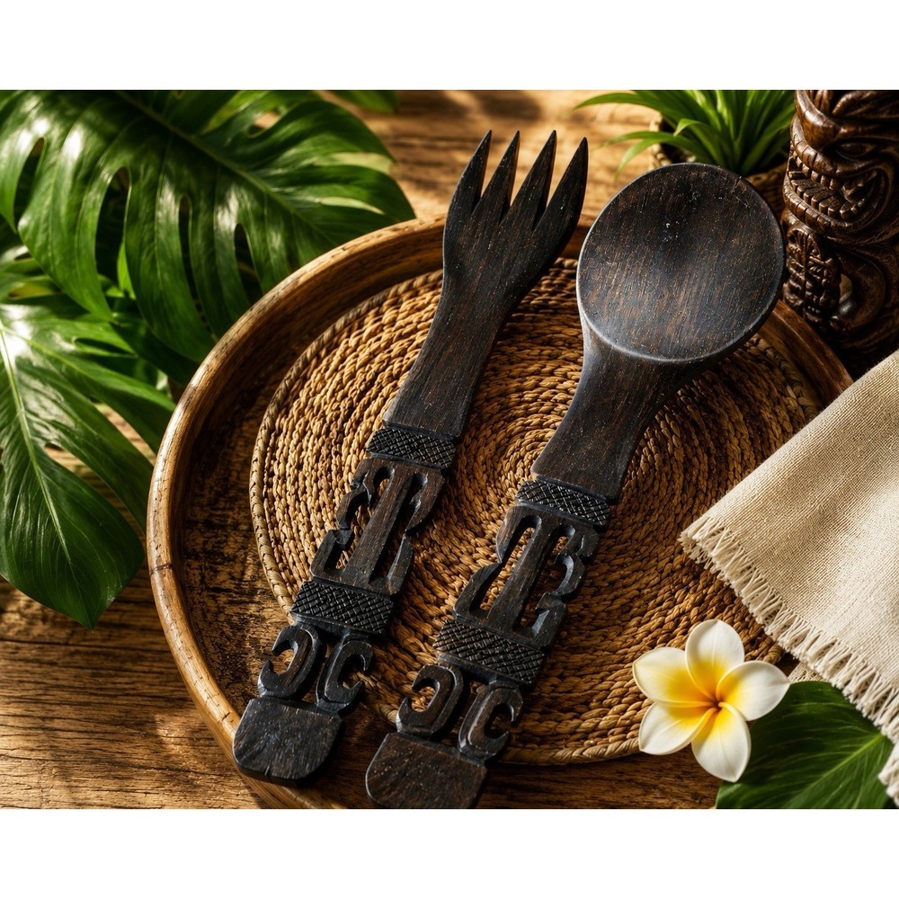 Large Vintage Tiki Hand Carved Wood Spoon Fork Set Polynesian Tribal 14"